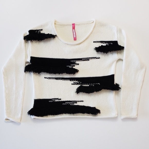 Anthropologie Tracy Reese Plenty Fringe Pullover Sweater Black White Ivory Small - Picture 7 of 9